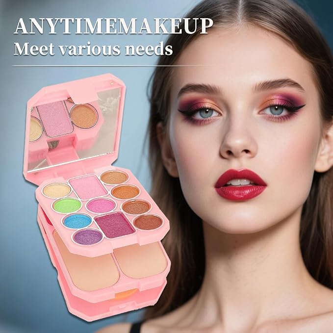 18 Color Beauty Makeup Palette Set Portable All-in-One 11 Eyeshadow 2 Blush 2 Shimmer 3 Lipstick Palette Kit with Dual-Ended Brushes, Travel-Friendly Cosmetic Case for Daily Party