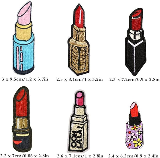 JKJF 12 Pcs Lipstick Embroidery Patches Lipstick Iron on Patches Sexy Cosmetic Sew On Applique Badge for Clothes Backpack Shoes Jacket Jeans Hat Dress - 6 Styles
