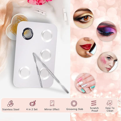 2 Sets Makeup Mixing Palette, Makeup Palette for Foundation, Stainless Steel Makeup Mixing Tray with Spatula for Mixing Eye Shadow Nail Art, Makeup Foundation Mixing Tray