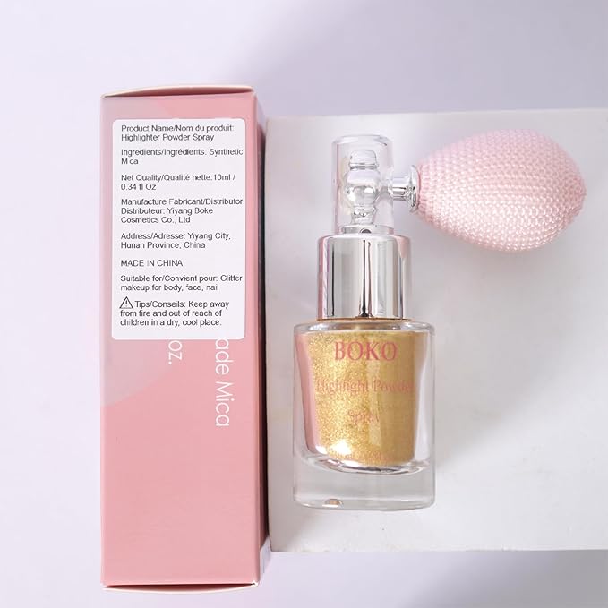 Boko Highlighter Powder Spray, Cosmetic Body Shimmer Spray High Gloss Diamond Highlight Glitter Powder Makeup Sparkle Glitter Hairspray Christmas Rave Accessories for Women Face Paint Hair Clothes
