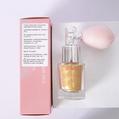 Boko Highlighter Powder Spray, Cosmetic Body Shimmer Spray High Gloss Diamond Highlight Glitter Powder Makeup Sparkle Glitter Hairspray Christmas Rave Accessories for Women Face Paint Hair Clothes