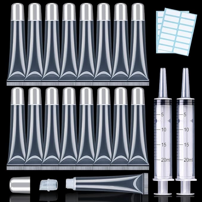 50PCS Lip Gloss Tubes 20ml Silver Cap Lip Gloss Containers Empty Lip Balm Tubes Refillable Cosmetic Squeeze Lipgloss Tubes + 2 x 20ml Syringes Tag Labels Stickers for DIY Lip Gloss Base Glitter