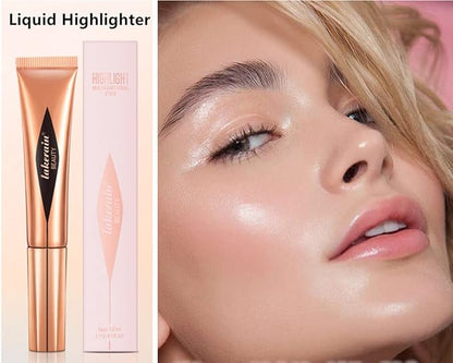 Go Ho Liquid Highlighter Wand,White Pink Highlighter Makeup Stick with Cushion Applicator,Smooth Creamy Liquid Highlighter Blendable Glowing Face Illuminator Contouring Makeup,03# Highlighter Makeup