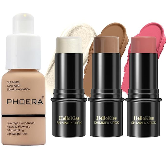 Hilareco PHOERA Foundation,3 PCS Contour Stick Makeup Kit,Shades with Highlighter Stick,Blush Stick and Bronzer Contour (104+Light-Medium Contour/Buff Beige+#02,#10,#12)