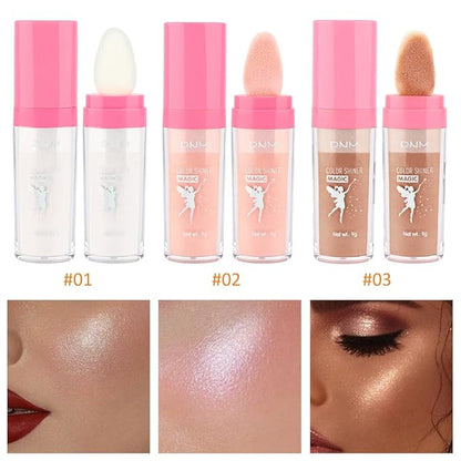 evpct 3Pcs Glitter Highlighter Powder Stick Make up Puff Fairy Stick Peal White Pink Bronze Shimmer Glitter Face Eye Body Liquid Highlighter makeup illuminators de maquillaje