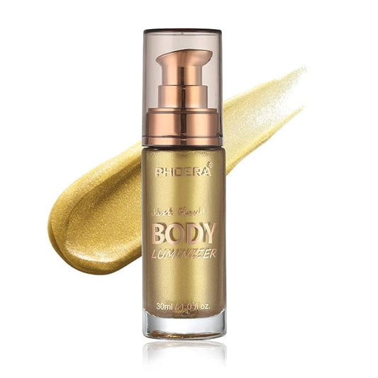 PHOERA High Gloss Waterproof Body Luminizer Glitter Face Shimmer Moisturizer Lotion Tan Cream Foundation Makeup Bronzer AQUAPURITY (102 Metallic Gold)