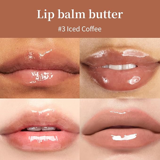 4 Flavors Butter Lip Balm Lip Tint Hydrating Lip Gloss, High Shine Nude Color Hydrating Finish Lip Glow Oi (03# Iced Coffee, 0.5oz)