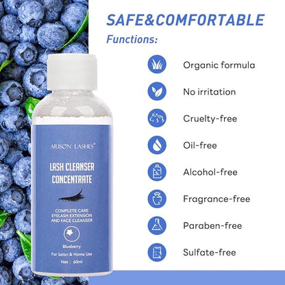 Eyelash Cleanser Concentrate 60ml Professional Lash Extensions Shampoo Natural Foaming Cleanser for Extensions Lashes with Salon Home Care-Makes 12 Bottles 60ml Eyelash Shampoo (Blueberry)