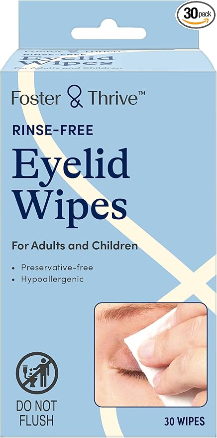 Foster & Thrive Eyelid Cleanser, Hypoallergenic, Rinse-free & Preservative-free, Pre-Moistened Eyelid Wipes for Mild to Moderate Conditions, Comfort & Soothe Irritated Eyelids, 30 Wipes