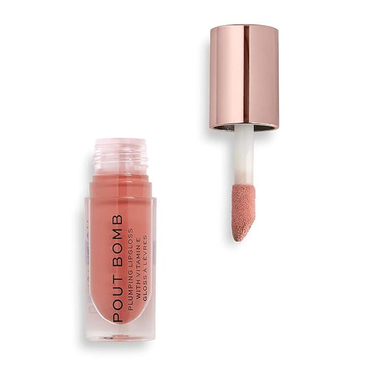Revolution, Pout Bomb Plumping Lip Gloss, High Shine, Rich Glossy Pigment, Infused with Vitamin E, Kiss Nude, 0.15 fl oz