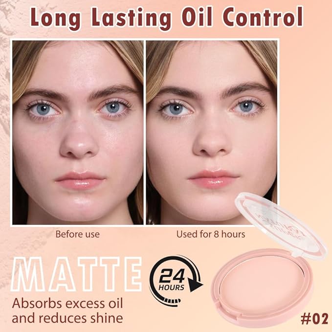 Oil Control Face Pressed Powder, Matte powder setting powder, long-lasting and waterproof loose powder, Flawless Lightweight Face Cosmetics, Cruelty-free, (02, 1 Pcs)