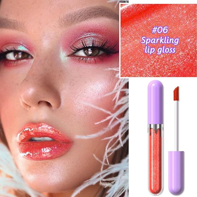 Glitter Liquid Lip Gloss,Coral Shimmer Lipstick, Waterproof Shimmer Lip Stain Lip Glaze, High Shine Long Lasting Shiny Lip Color Makeup 06#