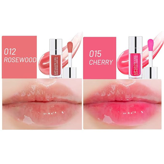 2 Colors Hydrating Plumping Lip Glow Oil,Moisturizing Lip Oil Gloss Transparent Glossy Lip Gloss Primer Lip Tint for Lip Care and Dry Lip (012#+015#)