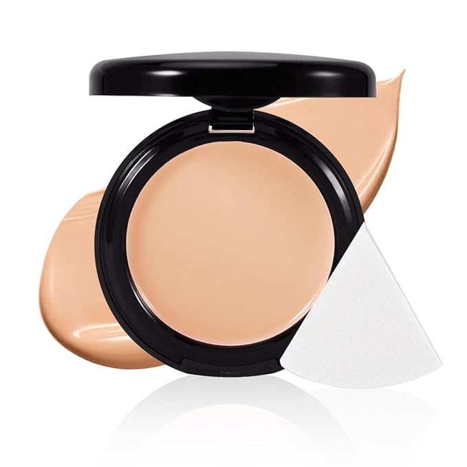 Powder Foundation,Long Wear Full Coverage Foundation with Sponge,Flawess Demi-Matte Finish,Brighten Correcting Color