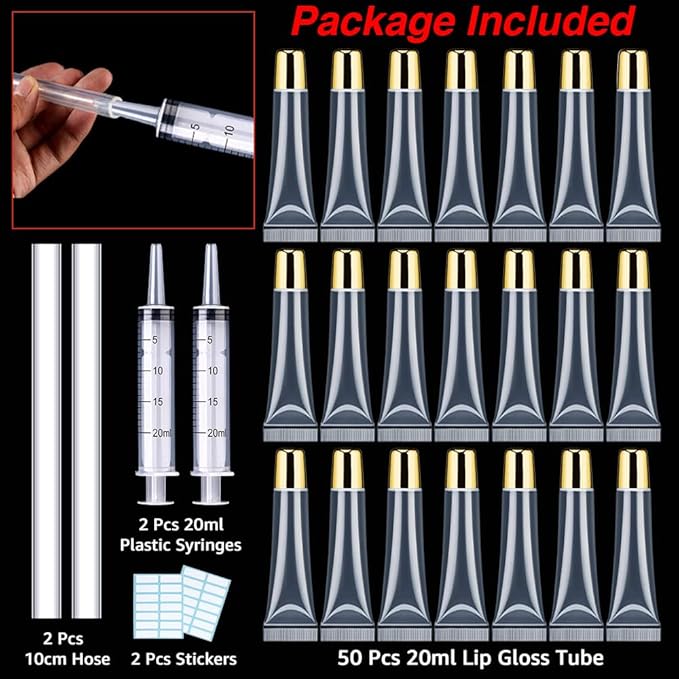AMORIX 50PCS Lip Gloss Tubes 20ml Gold Cap Lip Gloss Containers Empty Lip Balm Tubes Refillable Cosmetic Squeeze Lipgloss Tubes + 2 x 20ml Syringes Tag Labels for DIY Lip Gloss Glitter