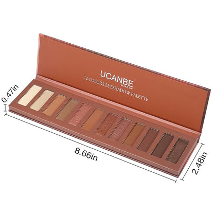 UCANBE 12 Color Eyeshadow Makeup Palette, Naked Nude Eye Shadow, Neutral Matte Shimmer Make Up Pallet with Double-ended Brush Set Kit, Highly Pigmented Long Lasting Waterproof