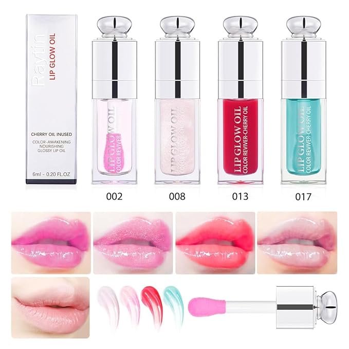 Hydrating Lip Glow Oil, Lip Oil Gloss Transparent Toot Tinted Nourishing Long Lasting Repairing Lightening Lip Lines (STRAWBERRY) 0.2 OZ