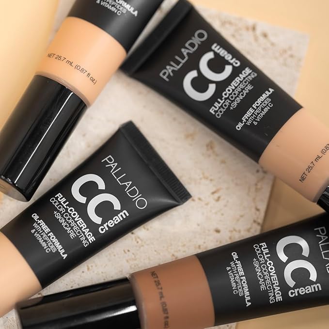 Palladio Full-Coverage Color Correction CC Cream, Oil-Free with Peptides & Vitamin C, Best for Correcting Redness and Uneven Skin Tone, Buildable Foundation Coverage (Rich 52W)