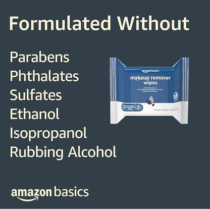 Amazon Basics Makeup Remover Wipes, Gentle Cleansing, Dermatologist Tested, Original, Plant Based, Alcohol Free, Removes Waterproof Mascara, 25 Count Per Pack, Pack of 1 (Previously Solimo)