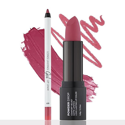 Cold Pink Matte Lip Essentials Bundle: Gel Lip Liner Pencil 409 and Powder Drop Lipstick 406Set