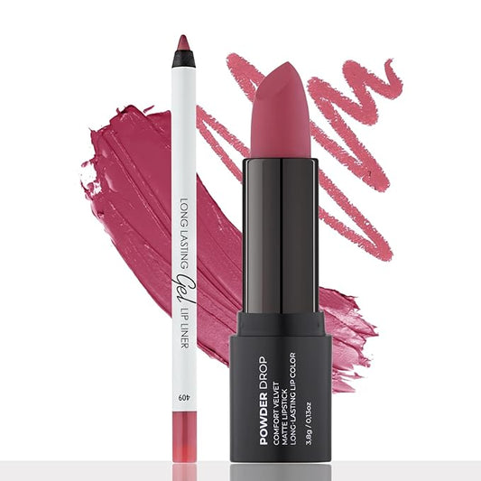 Cold Pink Matte Lip Essentials Bundle: Gel Lip Liner Pencil 409 and Powder Drop Lipstick 406Set