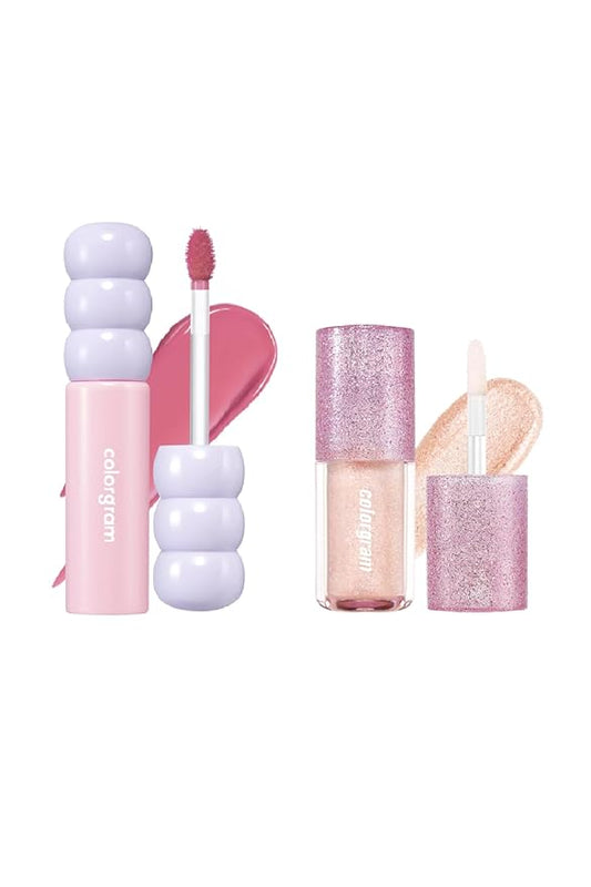 COLORGRAM Fruity Glass Tint 07 Shy Guava + Milk Bling Shadow 07 Fairylike | Highly Pigmented Glossy Dewy Lip Gloss and Pigmented Glistening Liquid Glitter Eyeshadow, Long-lasting Shimmer