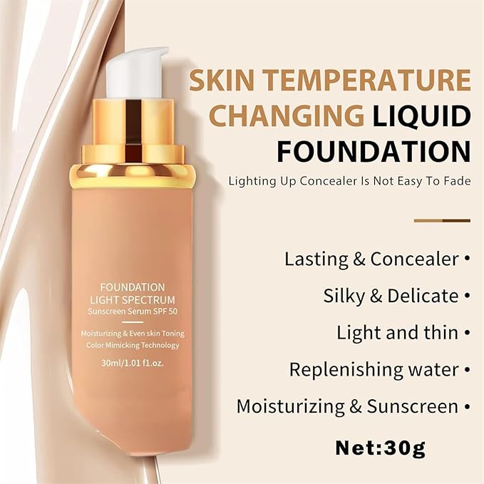 2PCS 4-in-1 Liquid Foundation with SPF 50 - Light Spectrum, Long-Lasting Hydration, Lightweight, Concealer and Even Skin Toning, Bio Color Changing Foundationfor Gym, Sports, Dancing (1.01 fl.oz)