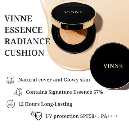 VINNE Korean Cushion Foundation, Lightweight Essence Makeup Natural and Dewy Finish, 12-Hour Lasting Effect, 0.42 Oz - #23 Natural Beige (Refill Not Included)