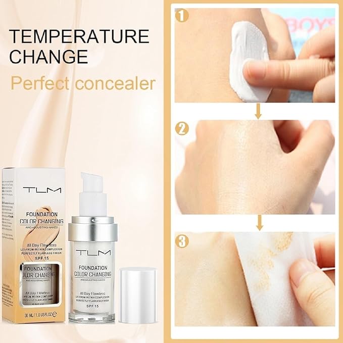 TLM Color Changing Foundation, Moisturizing Warm Skin Flawless Full Coverage Face Foundation Makeup for All Skin. (1pcs)