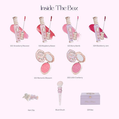 Flower Knows Violet Strawberry Rococo Makeup Box Set,10 Pack Makeup Box with Mirror,Lip Gloss×4+Blush×2+Blush Brush×1+Handheld mirror×1+Hair Clip×1+Gift Box×1
