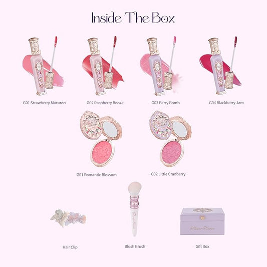 Flower Knows Violet Strawberry Rococo Makeup Box Set,10 Pack Makeup Box with Mirror,Lip Gloss×4+Blush×2+Blush Brush×1+Handheld mirror×1+Hair Clip×1+Gift Box×1