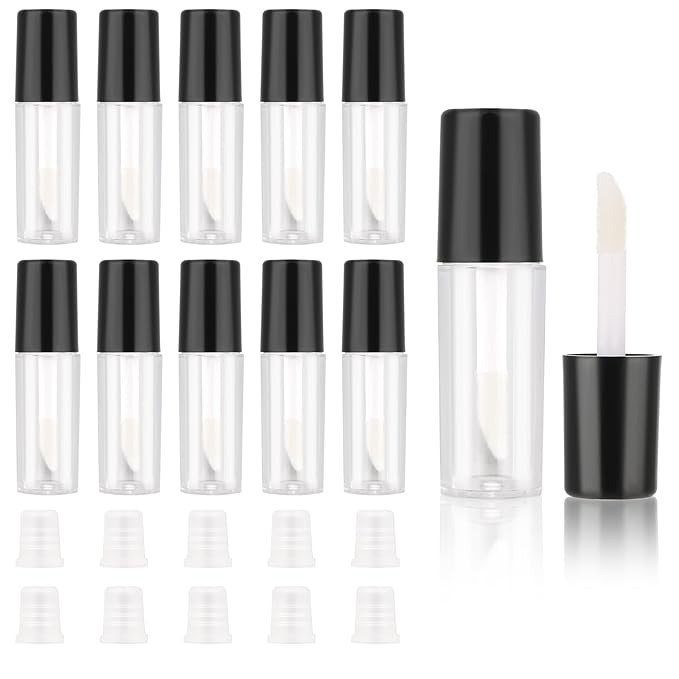 Molain 10pcs Empty Lip Gloss Tubes, 1.2ml Mini Refillable Cosmetic Containers Bottles Lip Balm Bottles for Lipstick Samples, Lip Balms(Black tube cap)