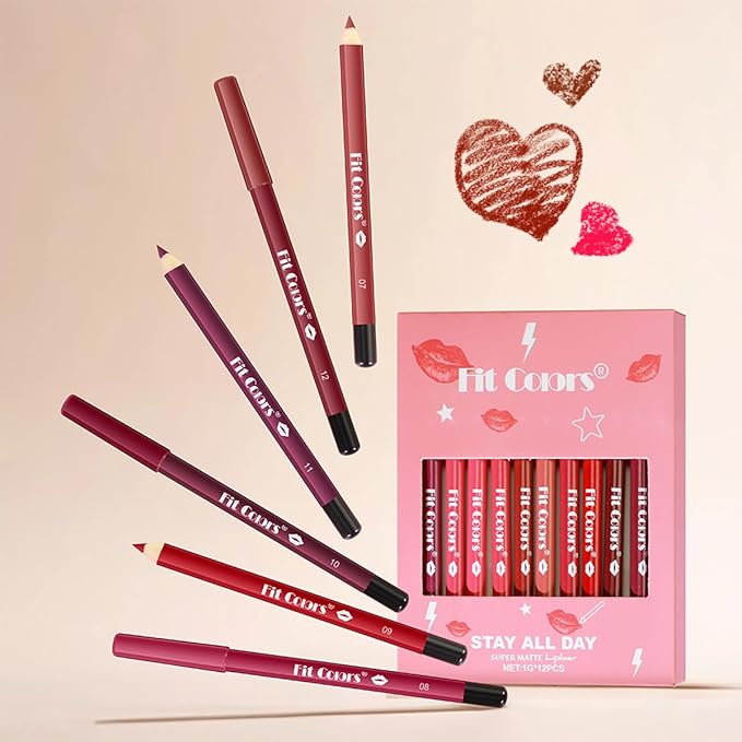 12Pcs Matte Lip Liner Set,Creamy Velvet Lipstick,One Step Lips Makeup Kit,Waterproof Long Lasting Smooth High Pigmented Lip Pencil for Daily