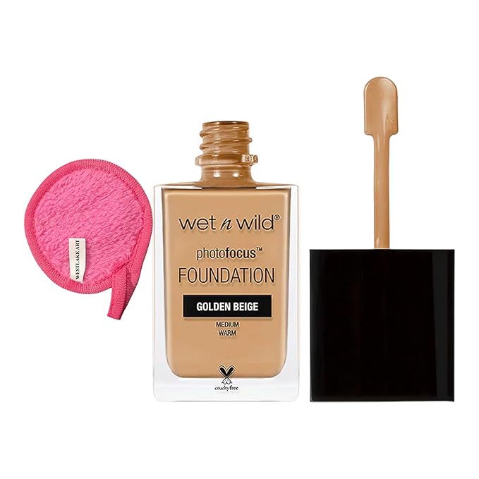 Photo Focus Matte Liquid Foundation, Golden Beige - Foundation Brush Compatible, Full Coverage, Infallible Formula | Bundled with Makeup Cleansing Cloth, Vegan & Cruelty-Free (Pack of 1)