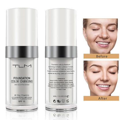 TLM Color Changing Liquid Foundation, Flawless Color Changing Warm Skin Tone Foundation for Mature Skin, BB Cream Makeup Base Concealer Cover Moisturizing Fluid for all Skin Tone SPF15 (30ML)