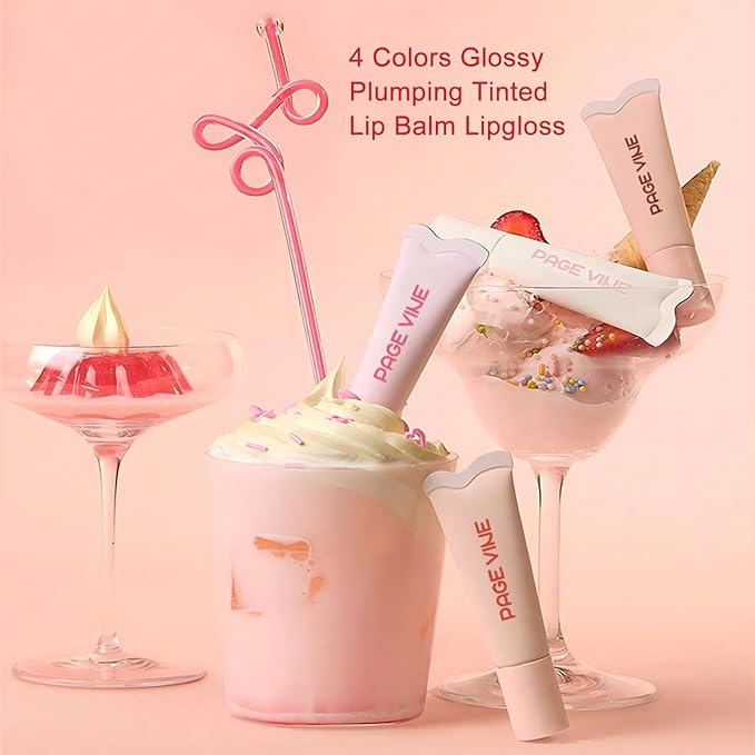 4 Pcs Hydrating Lip Gloss Lip Jam Set, Glow Tinted Lip Jelly, High Shine Glass Finish Nude Lip Treatment Liquid Lipstick for Girls and Women