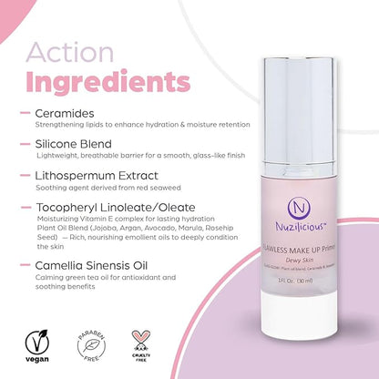 Professional Grade Flawless Makeup Primer – Achieve Dewy Skin & Effortlessly Blend Makeup with Luxurious Plant Oil Blend, Ceramide & Seaweed Extracts, Vegan & Cruelty-Free, 1 oz