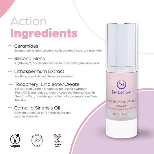 Professional Grade Flawless Makeup Primer – Achieve Dewy Skin & Effortlessly Blend Makeup with Luxurious Plant Oil Blend, Ceramide & Seaweed Extracts, Vegan & Cruelty-Free, 1 oz