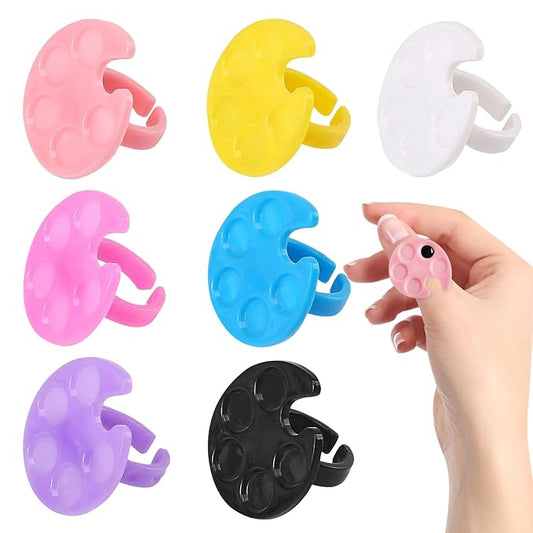 7 Pack Multicolor Mini Nail Art Palette Tools Makeup Mixing Palettes Nail Palette for Nail Art Finger Rings Metal Manicure Palette