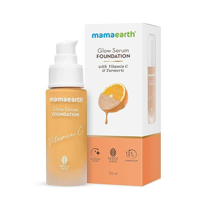 Mamaearth Glow Serum Foundation - 02 Crème Glow Shade | with Vitamin C & Turmeric | Up to 12 Hour Buildable Coverage | Waterproof & Lightweight | 1.01 Fl Oz (30ml)