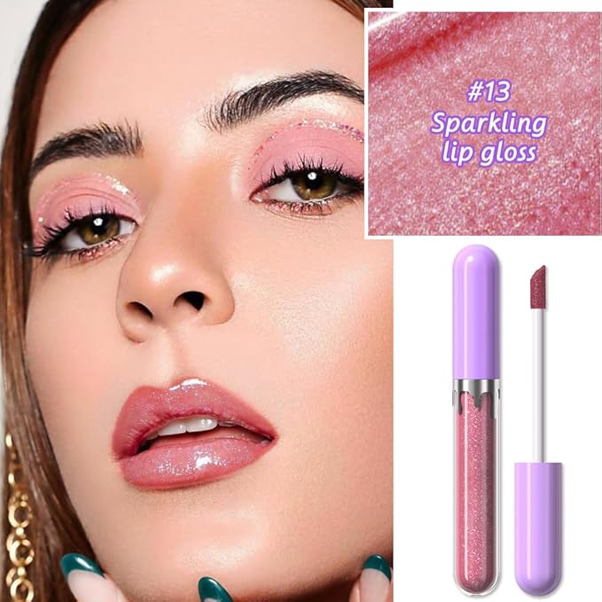 Glitter Liquid Lip Gloss,Fuchsia Shimmer Lipstick, Waterproof Shimmer Lip Stain Lip Glaze, High Shine Long Lasting Shiny Lip Color Makeup 13#