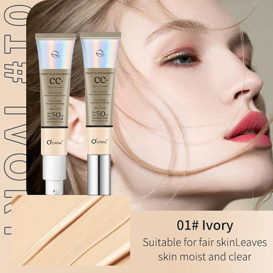 Color Correcting CC Cream, 2 Colors Natural & Ivory SPF 50 CC Cream Foundation Full-Coverage Concealer Invisible Pore Evens Skin Tone Hydrating Lightweight Long Lasting Waterproof 1.05 fl oz