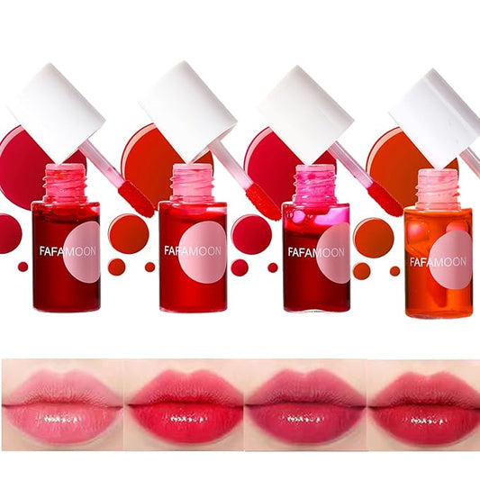 4PCS Lip Stain,FAFAMOON Long Lasting Lip Gloss,Moisturizing Lip Gloss,Non Sticky Lip Stain Set,Non Sticky Lip and Cheek tint,Korean Lip Gloss,Natural Mini Liquid Water Tint