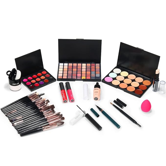 All in one makeup kit full versatile essential eyeshadow palette lipstick, blush, foundation, concealer, lip gloss, mascara, lip balm, powder puff powder, makeup set for women