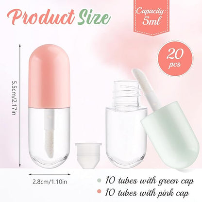 20pcs 5ml Mini Clear Plastic Lip Gloss Tubes Empty Capsule Shaped Lip Balm Bottle Travel Size Lipstick Tubes,DIY Lip Gloss Container Vials with Wand Brush,2Colors