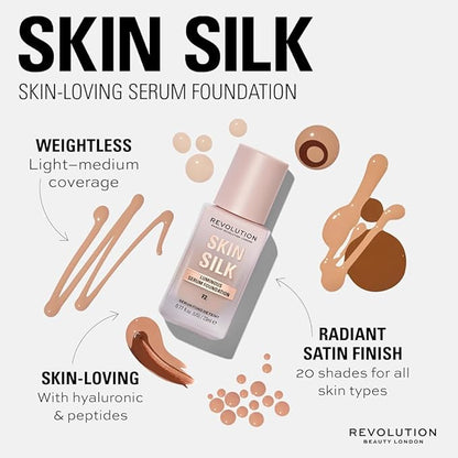 Revolution, Skin Silk Serum Foundation, Light to Medium Coverage, Lightweight & Radiant Finish, Contains Hyaluronic Acid, F4 Light Skin Tones, 0.77 fl oz