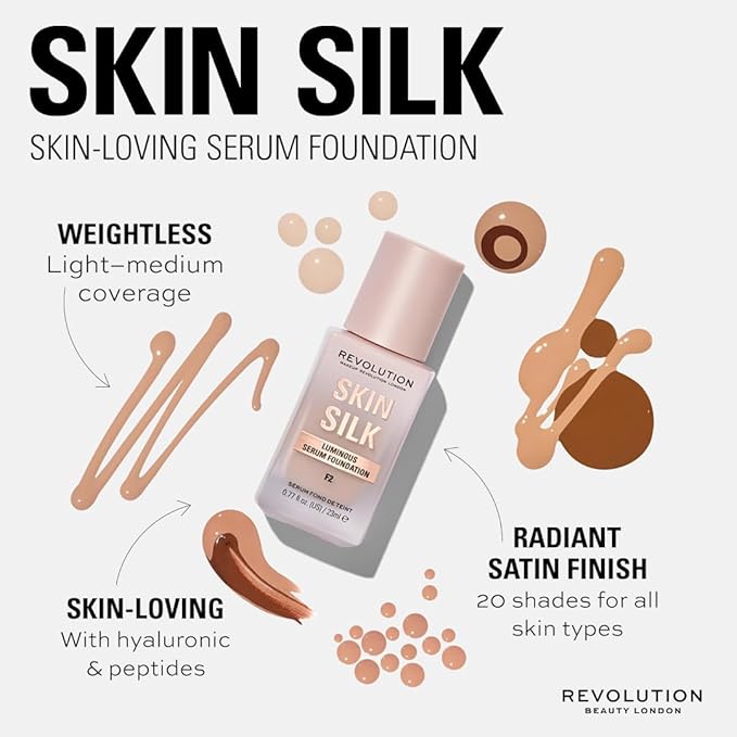 Revolution, Skin Silk Serum Foundation, Light to Medium Coverage, Lightweight & Radiant Finish, Contains Hyaluronic Acid, F5 Light Skin Tones, 0.77 fl oz