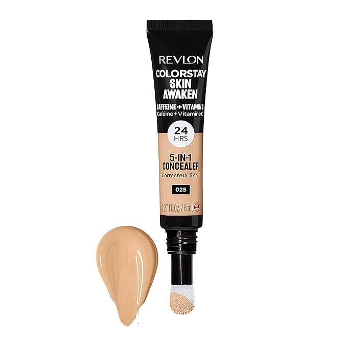 Revlon ColorStay Skin Awaken 5-in-1 Concealer, Lightweight, Creamy Longlasting Face Makeup with Caffeine & Vitamin C, For Imperfections, Dark Circles & Redness, 025 Light Beige, 0.27 Fl Oz