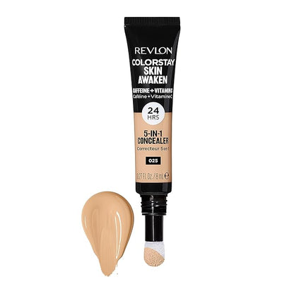 Revlon ColorStay Skin Awaken 5-in-1 Concealer, Lightweight, Creamy Longlasting Face Makeup with Caffeine & Vitamin C, For Imperfections, Dark Circles & Redness, 025 Light Beige, 0.27 Fl Oz