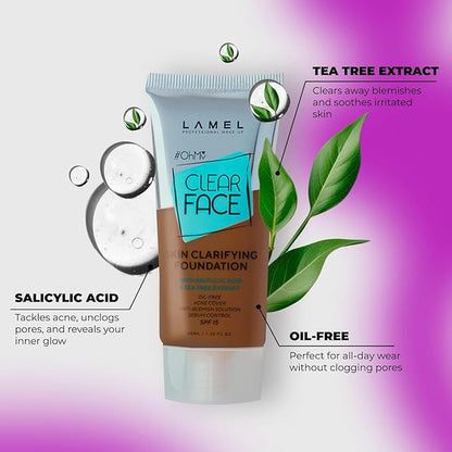 Oh My Clear Face Full Coverage Foundation for Oily & Acne Prone Skin, Salicylic Acid & Tea Tree Extract, Anti-Blemish Sensitive Skin Care, Organic & Oil-Free, 411 Deep Neutral, 40 ml 1.35 fl.oz